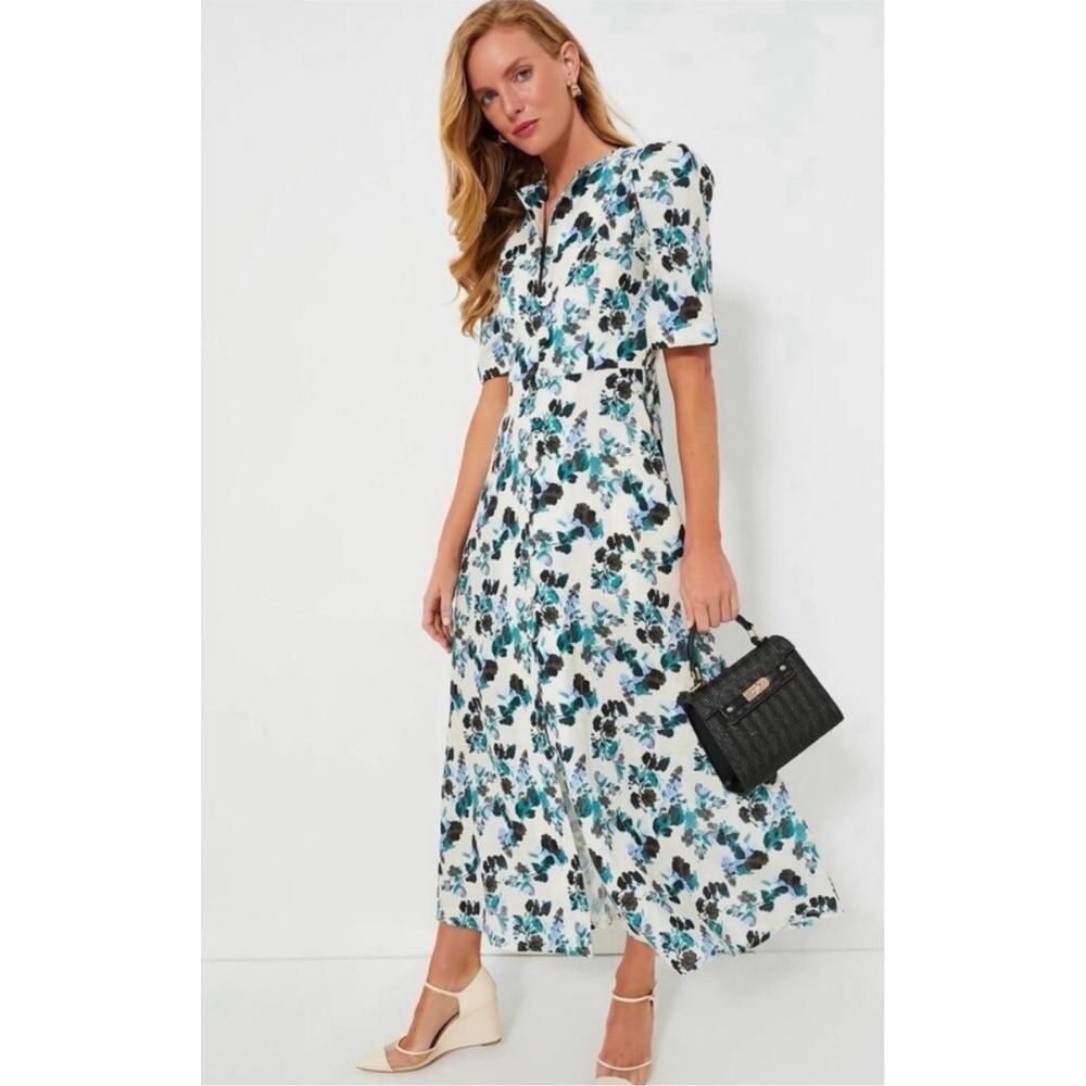 Tuckernuck Blue Blooms Floral Linen Midi Dress Short Sleeve‎ Button Front L NEW